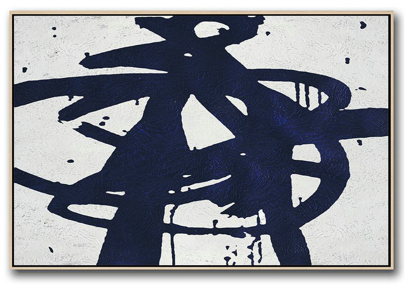 Oversized Wall Decor,Horizontal Navy Painting Abstract Minimalist Art On Canvas,Big Painting